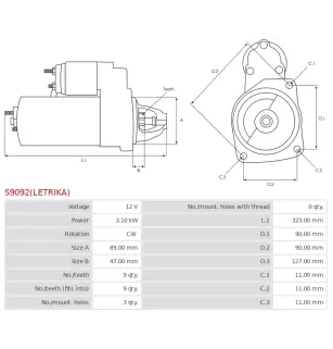 Démarreur 12V 3.10kW 9 dents AS-PL S9092(LETRIKA)