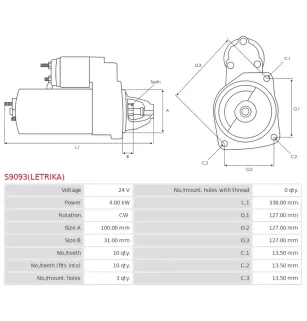 Démarreur 24V 4.00kW Delco S9093 113356