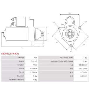 Démarreur 12V 1.20kW 9 dents BOSCH 0001107024, 0001112034, 0001214002