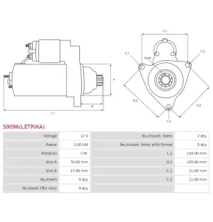 Démarreur 12V 2.00kW 9 dents DEUTZ 36000100, ISKRA / LETRIKA 11.131.199, AZE2641, IS1062, MAHLE MS 445