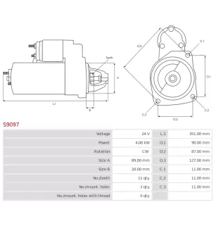 Démarreur 24V 4.00kW 11 dents AS-PL S9097, UD100903S, UD11164S, ISKRA / LETRIKA 11.131.303, 11.131.805