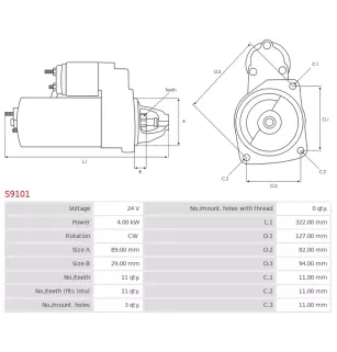 Démarreur 24V 4.00kW 11 dents BOSCH 0001231007, 0001231019, 0001231030, 0001231119, 0986018990