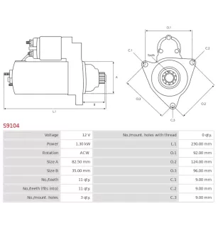 Démarreur 12V 1.80kW 9 dents AS-PL S9105, BOSCH 0001108203, CARGO 112304, ISKRA / LETRIKA 11.130.417, AZE2502