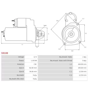 Démarreur 12V 1.30kW 9 dents Remplace pour AS-PL UD10943S, LADA 62.3708