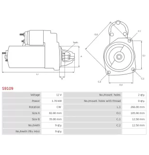 Démarreur 12V 1.70kW 9 dents Remplace pour AS-PL UD10945S, LADA 6002.3708