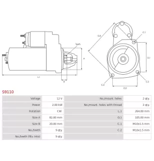 Démarreur 12V 2.00kW 9 dents Remplace pour AS-PL S9110, UD10946S, LADA 6012.3708
