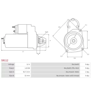 Démarreur 12V 1.8kW 9 dents AS-PL UD10948S, BATE СТ230К43708000, KRAUF STR0067, RUSSIA 230K4, 230K4-3708000
