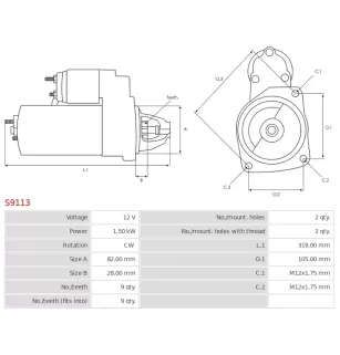 Démarreur 12V 1.50kW 9 dents AS-PL UD10949S, BATE СТ230А1370800010, GAZ 52343708, CT230A13708000, СТ230A1370800010