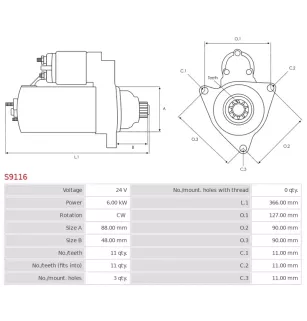 Démarreur 24V 6.00kW 11 dents AS-PL UD01323S, DOOSAN 30051600057, 30051600057A, 30051600057B, 30051600057C