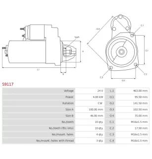 Démarreur 24V 4.00kW 10 dents AS-PL S9117, UD01984S, KAMAZ 37.003.570-78, CT142B, CT142B-3708000