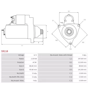 Démarreur 12V 2.20kW 11 dents AS-PL UD02104S, BOSCH 0986AR0268, HYUNDAI / KIA 0VS01-18-400, OK60G-18-400, OK65A-18-400