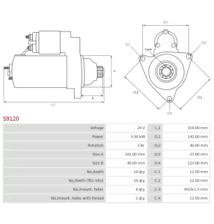 Démarreur 24V 5.50kW 10 dents AS-PL UD01989S, ISKRA / LETRIKA 11.131.316, AZF4581, IS1155, MAHLE MS 258