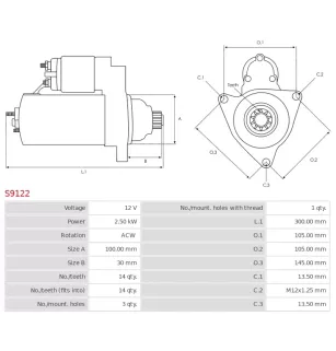 Démarreur 12V 2.50kW 14 dents AS-PL UD02126S, POONGSUNG 03111-5050, 03111-5051, NIERMANN 015051, ROBERT'S 190-25244