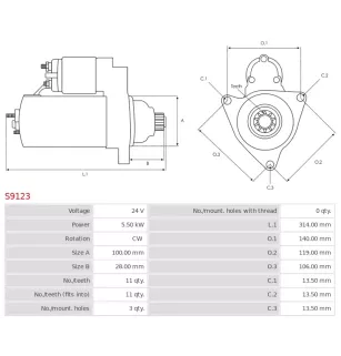 Démarreur 24V 5.50kW 11 dents AS-PL UD02128S, HYUNDAI / KIA OK87T-18-400, POONGSUNG 031228070, KRAUF STY8070