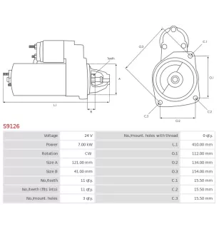 Démarreur 24V 7.00kW 11 dents AS-PL UD02172S, NISSAN 23300-97064, SAWAFUJI 03517020030, DIXIE 247-70203, ROBERT'S 186-35029