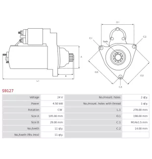 Démarreur 24V 4.50kW 11 dents AS-PL S9127, UD02174S, SAWAFUJI 0355-502-0211, 0355-502-0212, TOYOTA 28100-78090