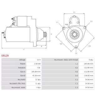 Démarreur 12V 2.50kW 11 dents AS-PL UD02124S, POONGSUNG 03111-50210, 03111-51300