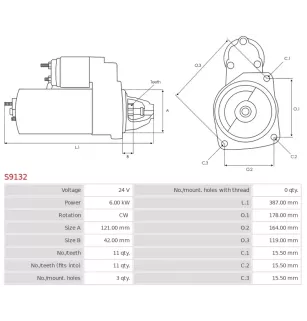Démarreur 24V 6.00kW 11 dents AS-PL S9132, UD02169S, HINO 28100-1990, SAWAFUJI 03506020114
