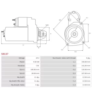 Démarreur 24V 4.50kW 11 dents AS-PL UD02166S, UD02167S, HINO 281001820, 281001820A, 281001820B