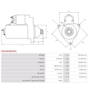 Démarreur 24V 4.50kW 11 dents AS-PL UD100715(NIKKO)S, UD100778(NIKKO)S, CARGO 114267, ISUZU 1811003310, 1811003380