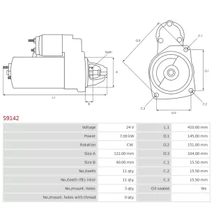 Démarreur 24V 7.00kW 11 dents AS-PL UD02173S, NISSAN 23300-97061, 23300-97064, SAWAFUJI 03507020011