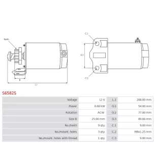 Démarreur 12V 0.60Kw 9 dents DENSO 228000-4550, 228000-4551, 228000-4552, 228000-4553, 228080-4553, DELCO RS41266