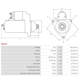 Démarreur 24V 6.00kW 10 dents AS-PL S9143, UD01378S, ISKRA / LETRIKA TM255, KATEK 91123708, M9T9112