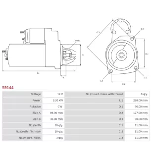 Démarreur 12V 3.20kW 10 dents AS-PL S9144, UD01826S, BOBCAT 6911913, 7020620, CARGO 113654