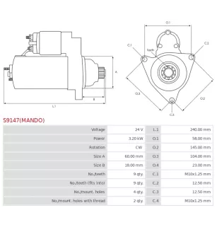 Démarreur 24V 3.20kW 9 dents AS-PL UD02033S, HYUNDAI / KIA 36100-41011, 3610041010, 41011, MITSUBISHI M002T56871