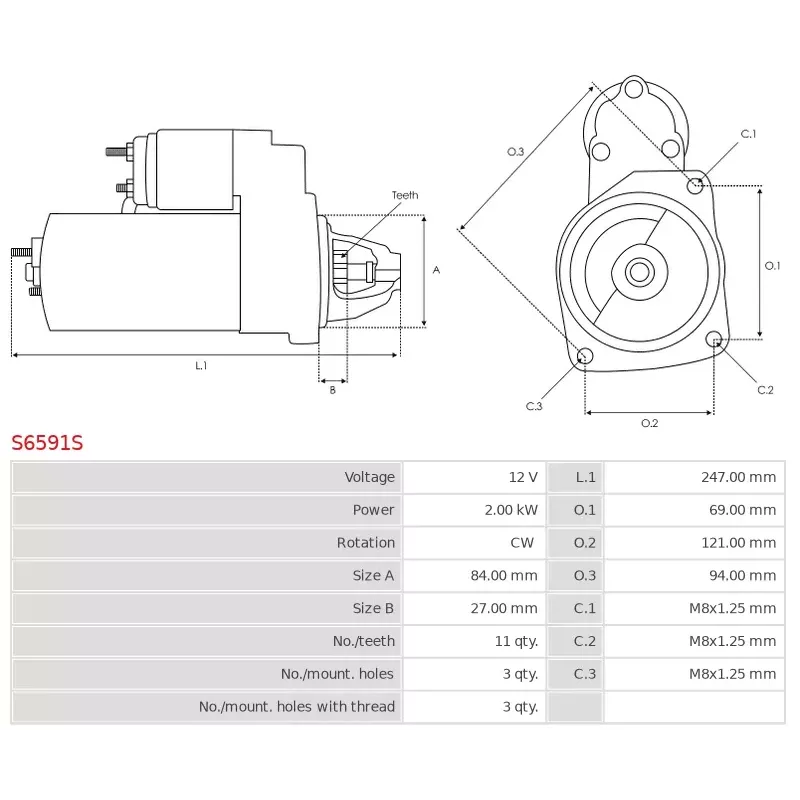 Démarreur 12V 1.60Kw 11 dents CASCO CST40438GS, CST40438AS, CEVAM 3332, AS-PL UD102234S, DENSO 428000-9470
