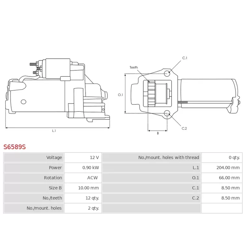 Démarreur 12V 0.90Kw 12 dents CEVAM 8805, AS-PL UD30200S, ARROWHEAD SND0452, DENSO 228000-7860, HONDA 31200-ZJ4-831