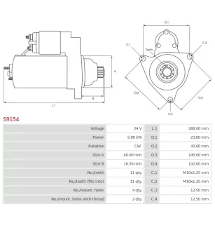 Démarreur 24V 5.00kW 11 dents AS-PL S9154, UD00647S, CARGO 115751, DELCO DRS1263, HYUNDAI / KIA 36100-41000
