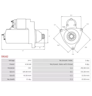Démarreur 24V 4.50kW 11 dents AS-PL S9162, UD11103S, ISUZU 1811002950, NIKKO 024000-3020, 024000-3030