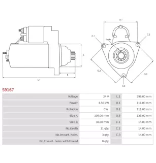 Démarreur 24V 4.50kW 11 dents AS-PL S9167, UD11126S, CARGO 112649