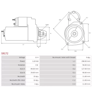 Démarreur 12V 3.20kW 10 dents AS-PL S9172, UD11309S, BOBCAT 6911913, 7020620, CARGO 113654