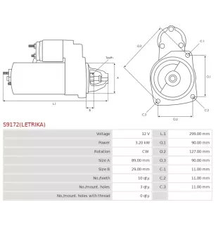 Démarreur 12V 3.20kW 10 dents AS-PL UD11884(LETRIKA)S, BOBCAT 6911913