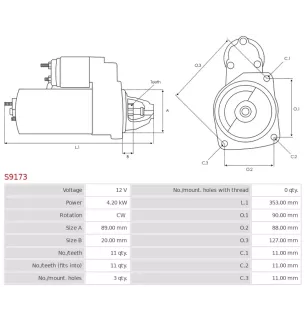 Démarreur 12V 4.20kW 11 dents AS-PL S9173, UD02664S, CARGO 114264, DELCO DRS0117, ISKRA / LETRIKA 11.131.292