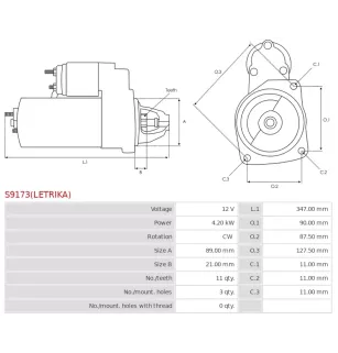 Démarreur 12V 4.20kW 11 dents AS-PL UD11886(LETRIKA)S, CARGO 114264, DELCO DRS0117, ISKRA / LETRIKA 11.131.848, AZF4181