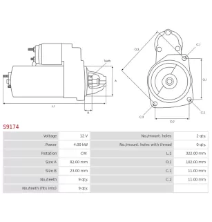 Démarreur 12V 4.00kW 9 dents AS-PL S9174, UD11160S, BOSCH 0001230013, CARGO 114320, DELCO DRS0363