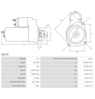 Démarreur 12V 3.20kW 11 dents AS-PL S9175, UD11323S, ISKRA / LETRIKA 11.131.116, 11.131.426, 11.131.728