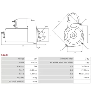 Démarreur 12V 1.60KW 10 dents MITSUBISHI M000T91181ZC, M000T91182, M000T91182ZC, M001T84981, M001T84981ZC, M0T91181