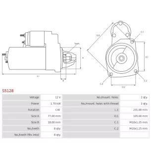 Démarreur 12V 1.70KW 8 dents MITSUBISHI M001T74883, M001T74883ZC, M1T74883, M1T74883ZC, MD172862, CASCO CST35343AS