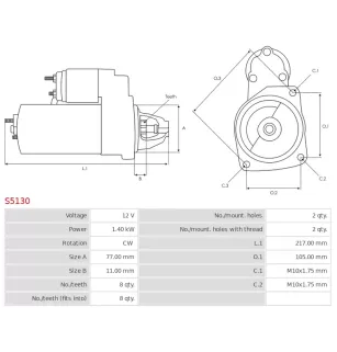 Démarreur 12V 1.40KW 8 dents MITSUBISHI M356178D, MD328235, MD348225, MD356178, MD362910, MR984939