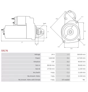 Démarreur 24V 4.00kW 9 dents BOSCH 0001231005, 0001263007, 0001263008, 0001263051, 0001263052