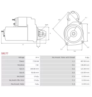 Démarreur 24V 7.50kW 13 dents AS-PL S9177, UD11094S, MITSUBISHI 0430158600, 0430158900, 3266600300