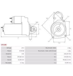 Démarreur 24V 4.50kW 11 dents AS-PL UD11109S, SAWAFUJI 0350-402-0252