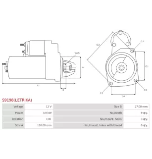 Démarreur 12V 3.0kW 9 dents AS-PL UD11887(LETRIKA)S, BOSCH 0001359021, 0001359102, 0001367028, 0001367082