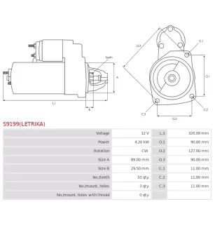 Démarreur 12V 4.20kW 10 dents AS-PL UD11889(LETRIKA)S, CARGO 115393, ISKRA / LETRIKA 11.131.575, AZF4148, IS1160