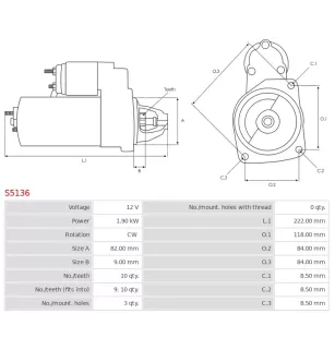 Démarreur 12V 1.90KW 10 dents FIAT 55192482, 55195211, 60813458, 60817002, 71792597, 71794530