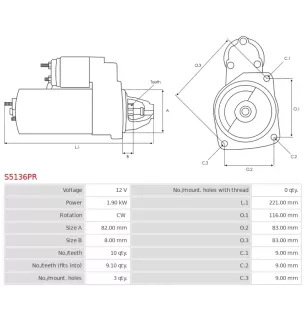 Démarreur 12V 1.90KW 10 dents FIAT 46463250, 468223543, 46823543